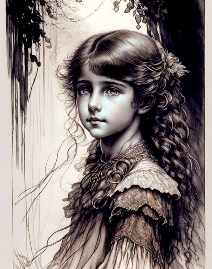 Monochromatic illustration of young girl with long, wavy hair and braids, surrounded by draped