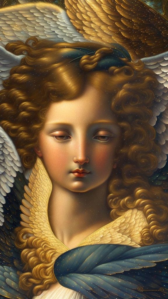 Golden-haired angel with feathered wings in realistic style