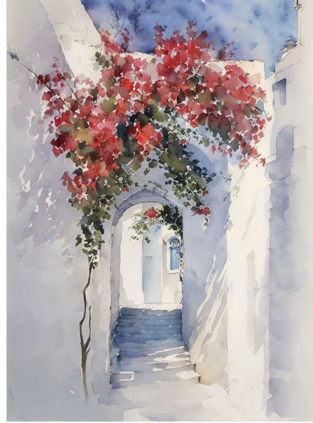 Sunlit alley watercolor painting with blue stairs, white walls, and red flowers.