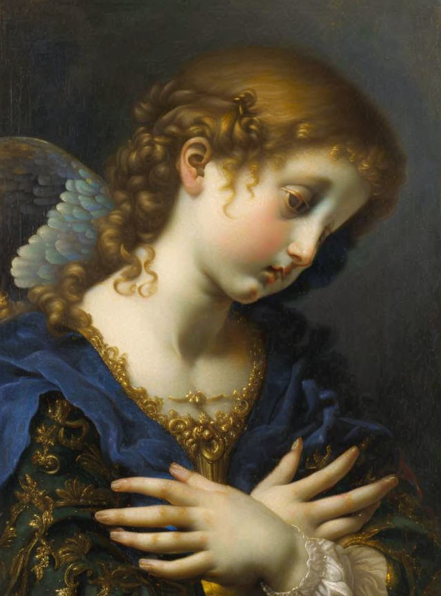 Cherubic figure in blue robes with wings