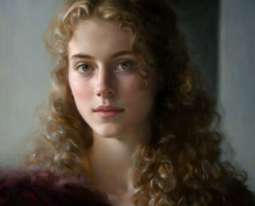 Portrait of young woman with curly blonde hair and subtle smile