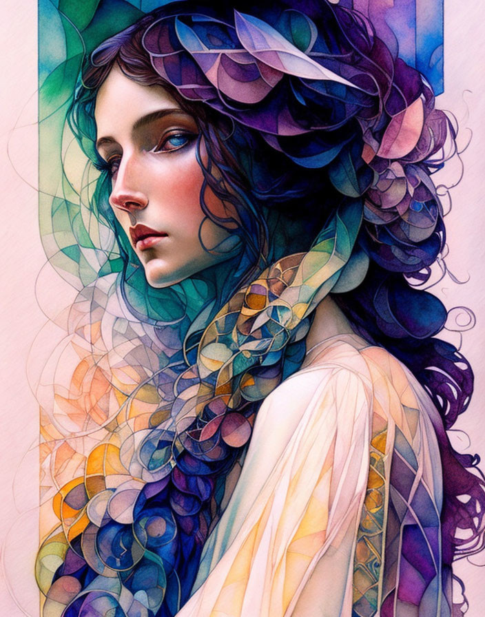 Vibrant illustration of woman with flowing hair and rainbow scarf