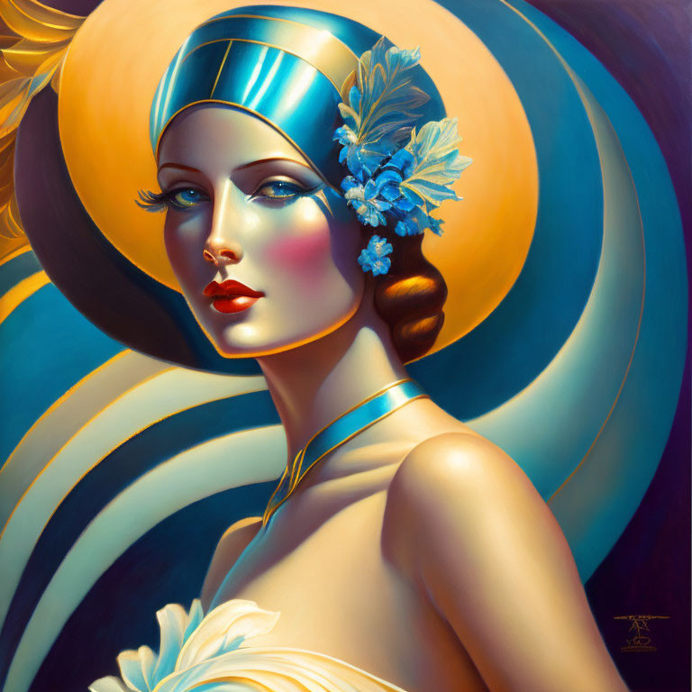 Art Deco Style Woman Painting with Blue Headpiece and Golden Skin Tones