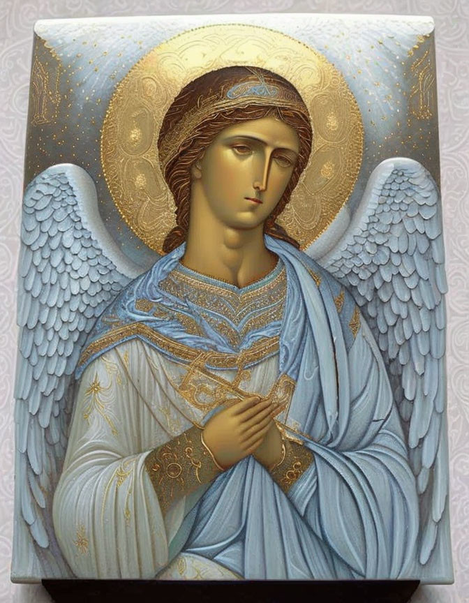 Serene angelic figure with golden halo and white wings in light blue robes