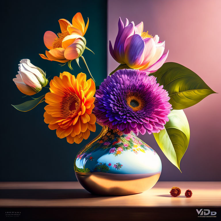 Colorful Flower Bouquet in Decorated Vase on Wooden Surface