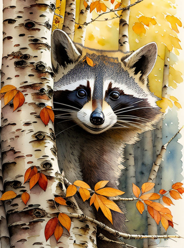 Curious raccoon peeking from birch tree foliage