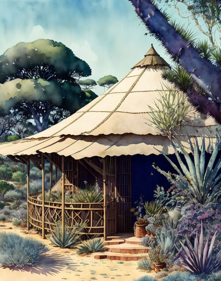 Safari tent in lush desert oasis painting