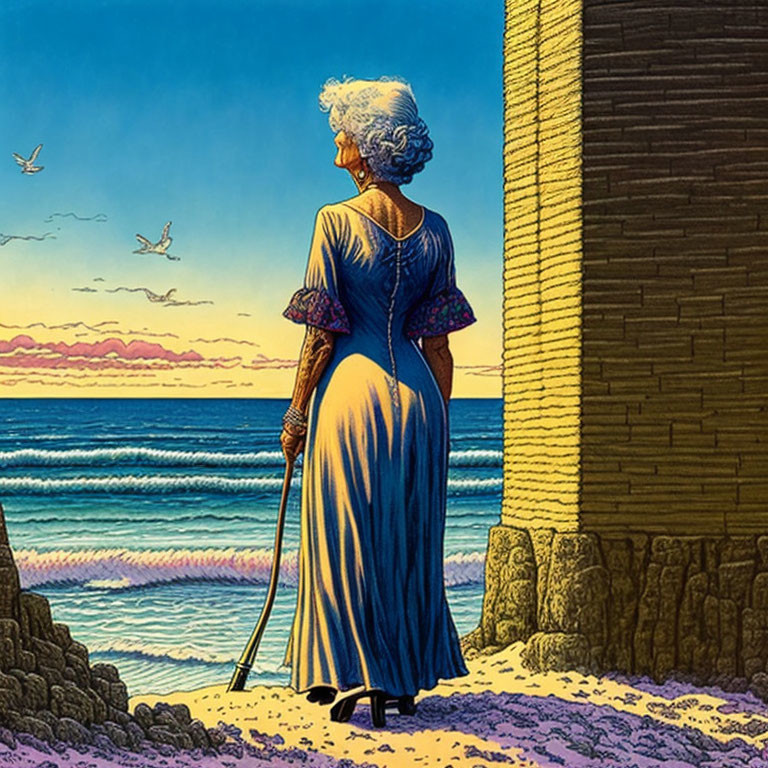 Elderly woman with cane by ocean at sunset with seagulls