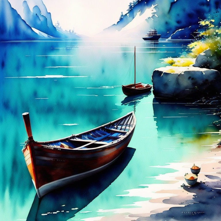 Scenic watercolor painting of serene lake with boats, blue mountains, and yellow blooms