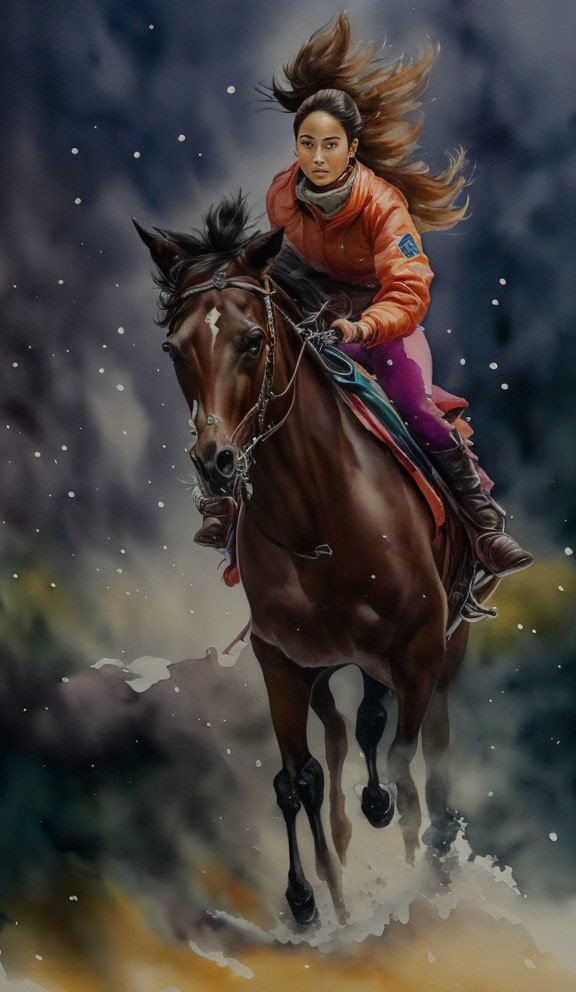 Woman with flowing hair rides galloping horse in snowy landscape