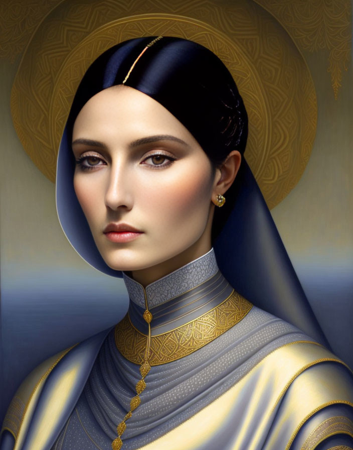 Stylized portrait of woman with golden halo and ornate blue attire