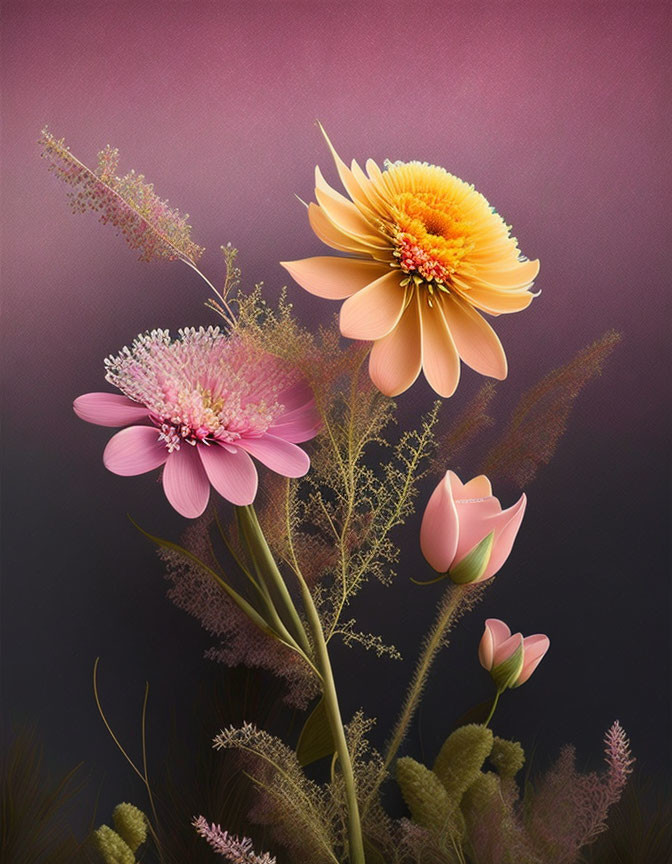 Colorful Floral Arrangement with Orange and Pink Flowers on Purple Background