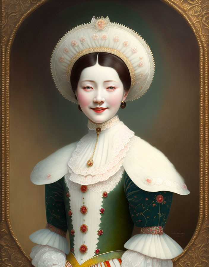 Historical portrait of a lady in elegant attire and headdress