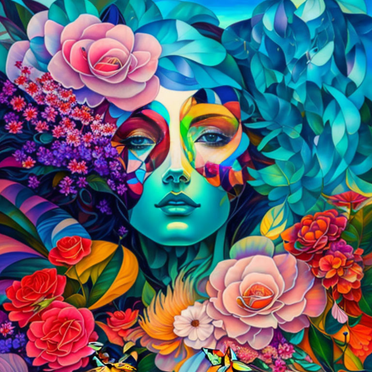 Colorful Woman's Face Surrounded by Floral Patterns and Butterflies