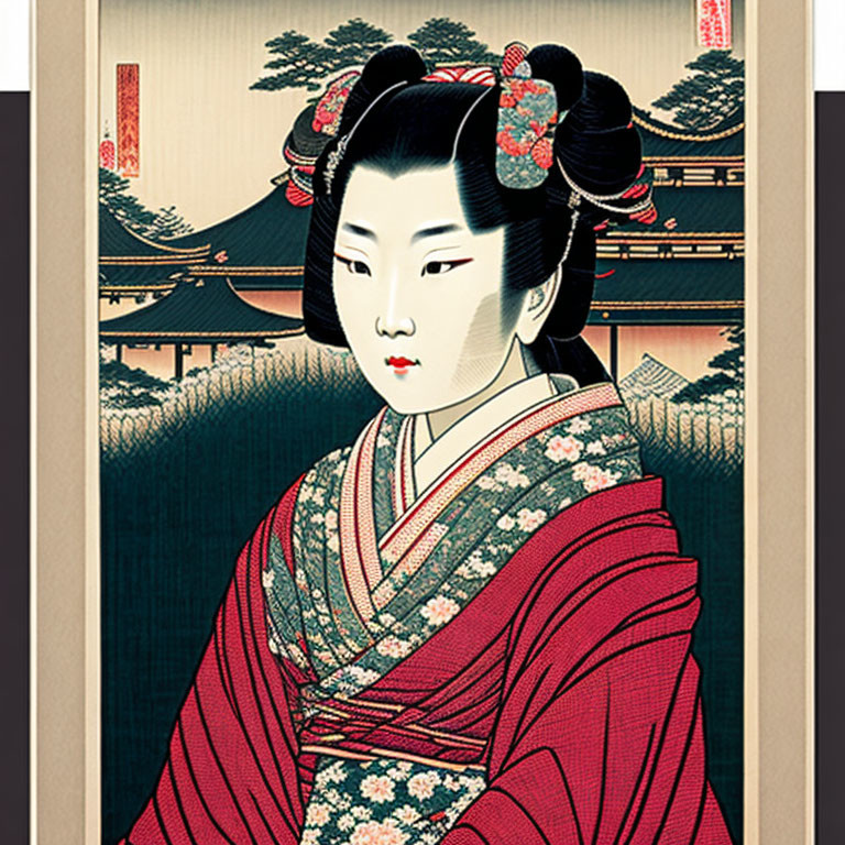 Japanese Woodblock Print: Geisha in Kimono with Temple and Nature Background