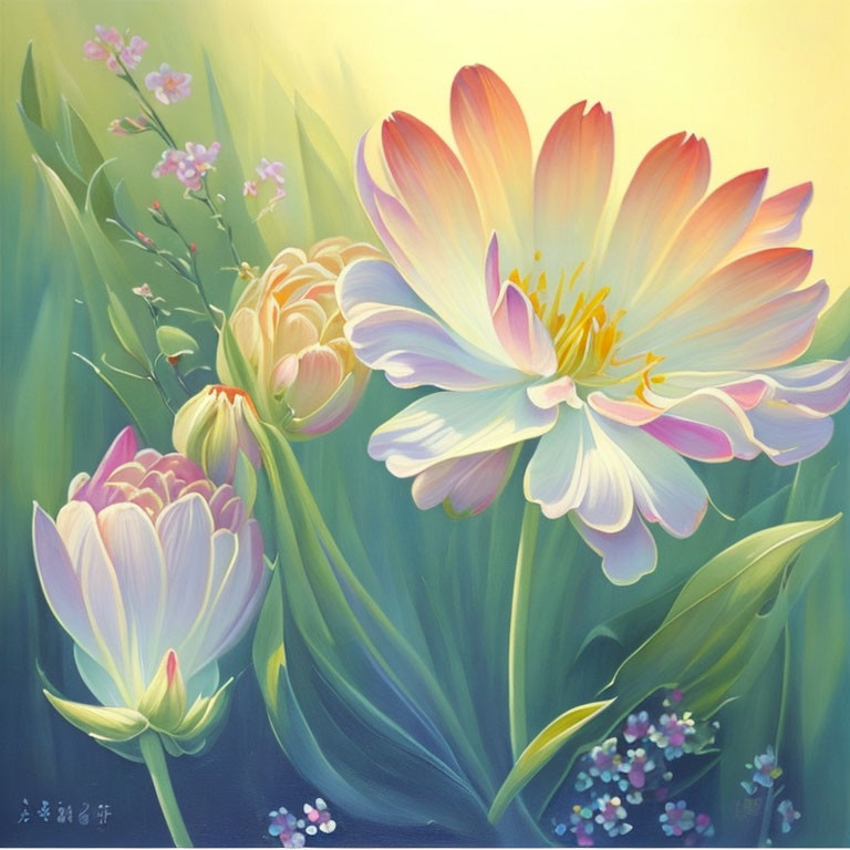 Colorful painting of pink and white flowers on yellow background