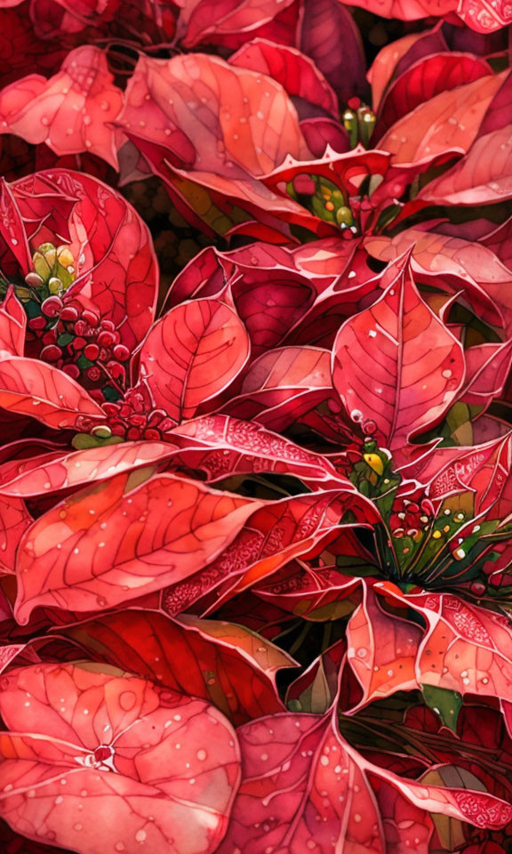 Vibrant red poinsettia leaves and berries with dew drops in festive illustration