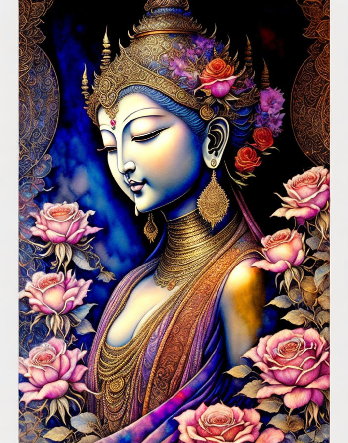 Serene female figure with traditional headgear and pink roses on blue background