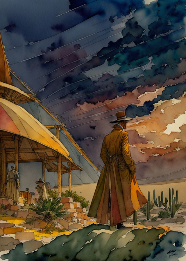 Figure in Long Coat and Hat by Building under Cloudy Sky