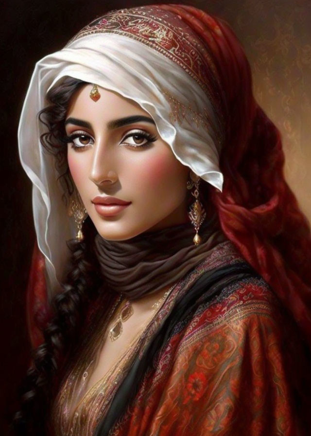 Elaborate digital art portrait of woman in traditional attire