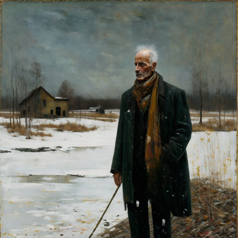 Elderly man with cane in wintry landscape with desolate house and bare trees