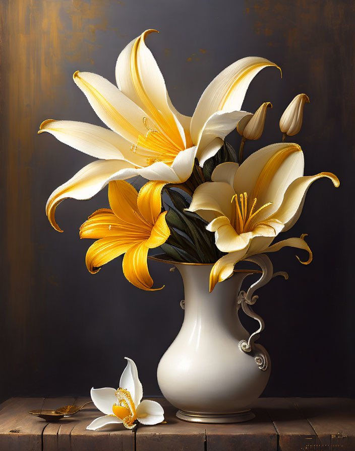 Yellow and White Lilies in Ornate Vase on Wooden Table