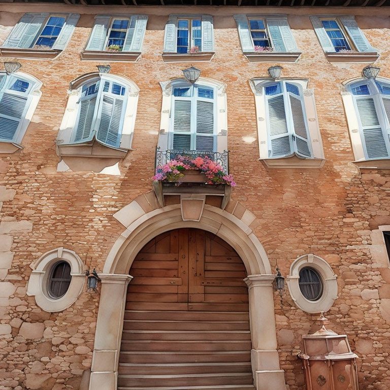 European Stone Building with Wooden Arched Door & Blue Windows