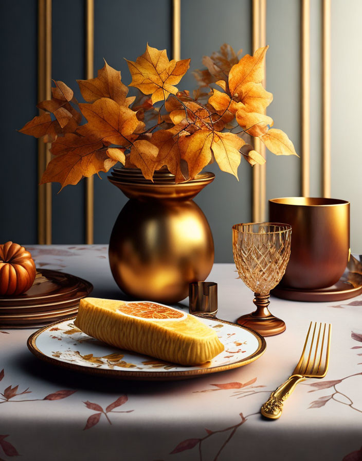 Sophisticated autumn table decor with golden vase, pumpkin pie, crystal glass, and gold utensils