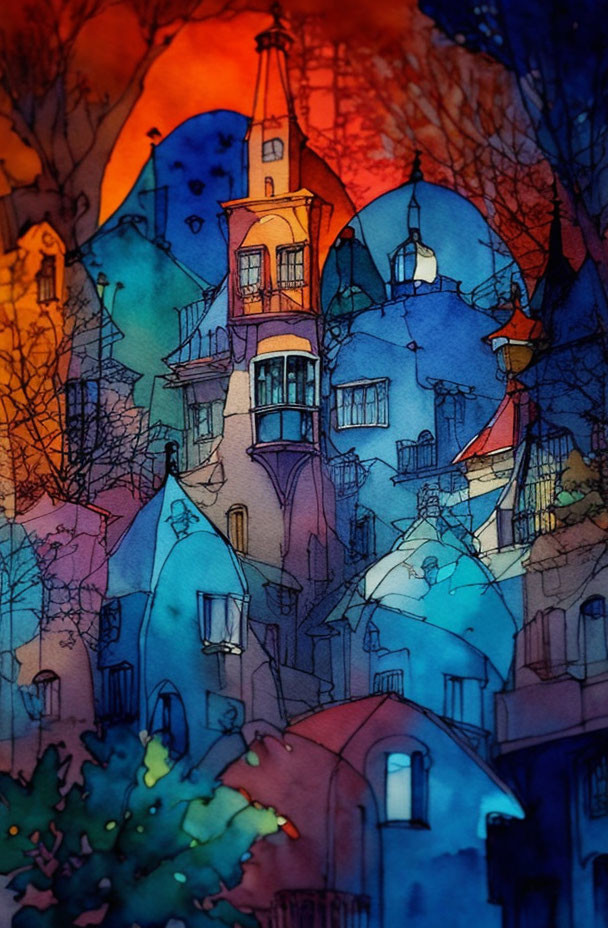 Colorful Watercolor Painting of Whimsical Town at Sunset