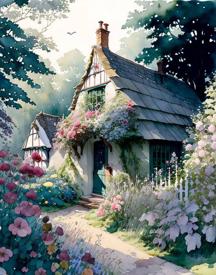 Thatched Roof Cottage Surrounded by Flowers and Greenery