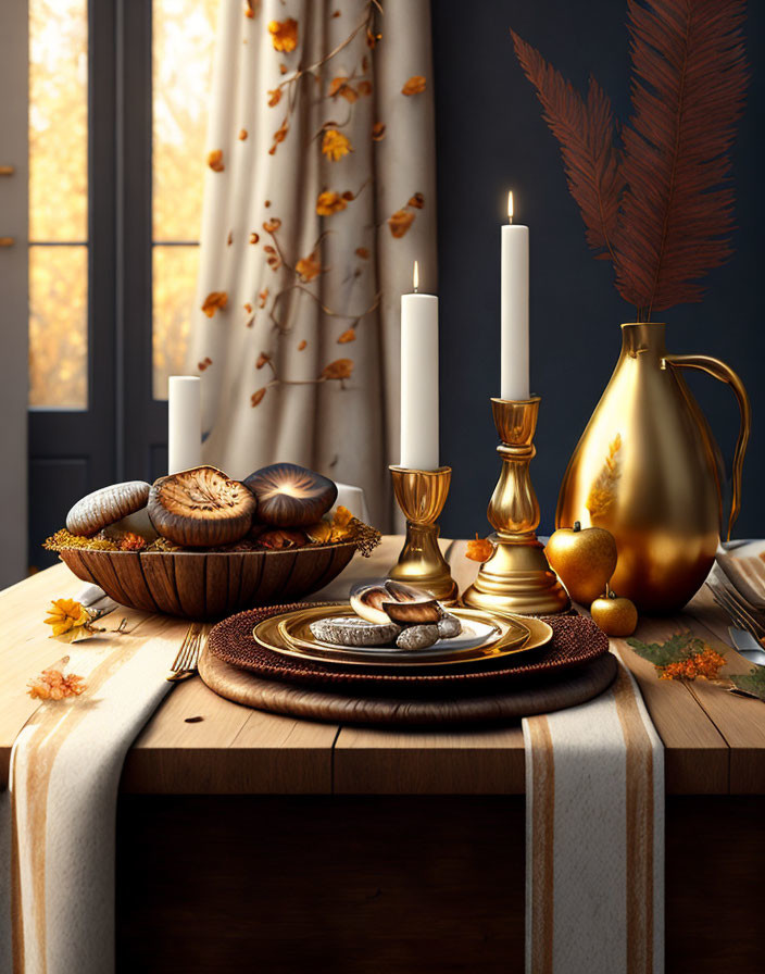 Autumn table setting with golden accents, candles, pitcher, pastries in warm light