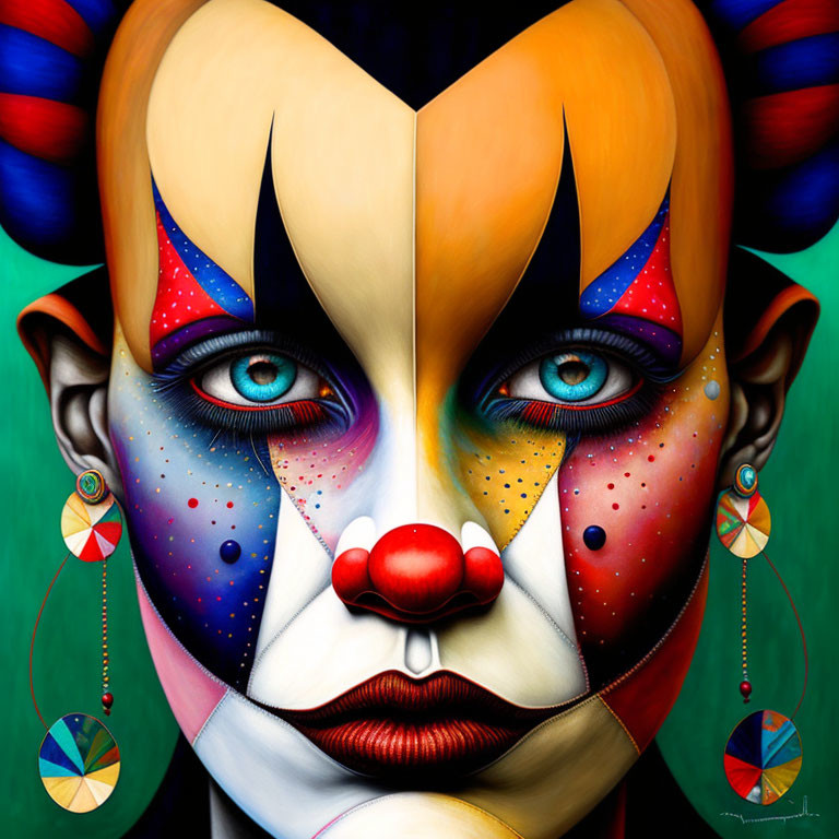 Colorful surreal portrait of a clown with geometric patterns and circular earrings