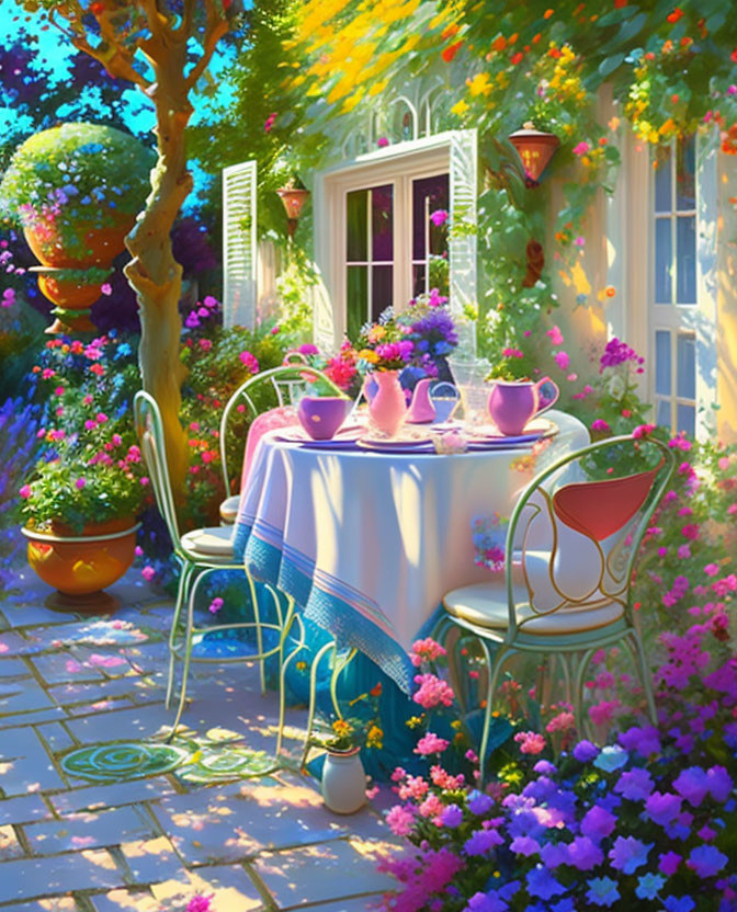 Colorful Garden Scene: Table for Two, Flowers, Green Foliage, Sunny Patio