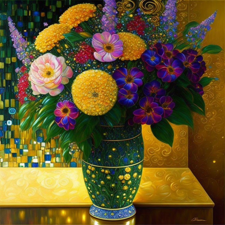 Colorful bouquet painting with yellow and purple flowers in decorative vase on mosaic backdrop