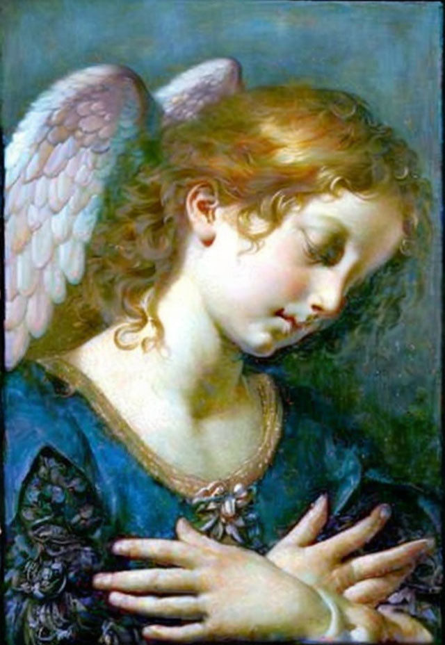 Classic Angel Painting with Folded Arms and White Wings