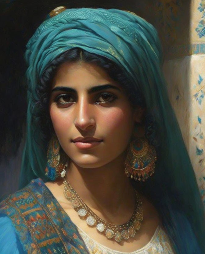 Dark-haired woman in turquoise headscarf and traditional attire with jewelry gazes forward