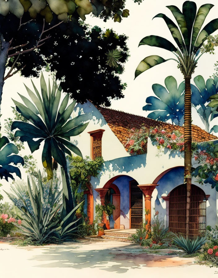 Traditional House Surrounded by Tropical Foliage in Watercolor