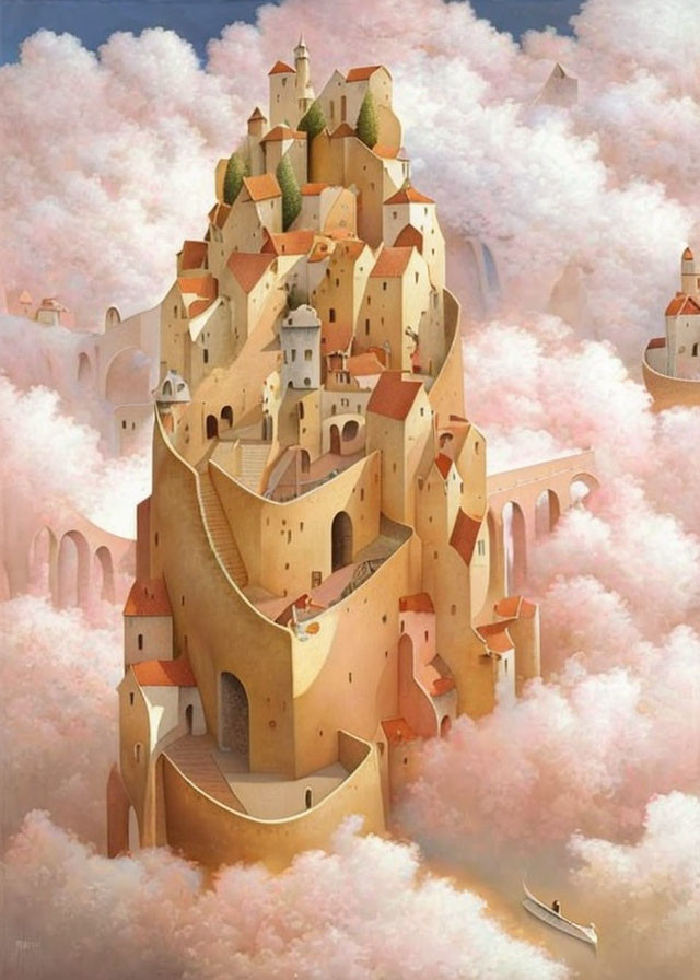 Whimsical painting of towering castle, pink clouds, and floating boat