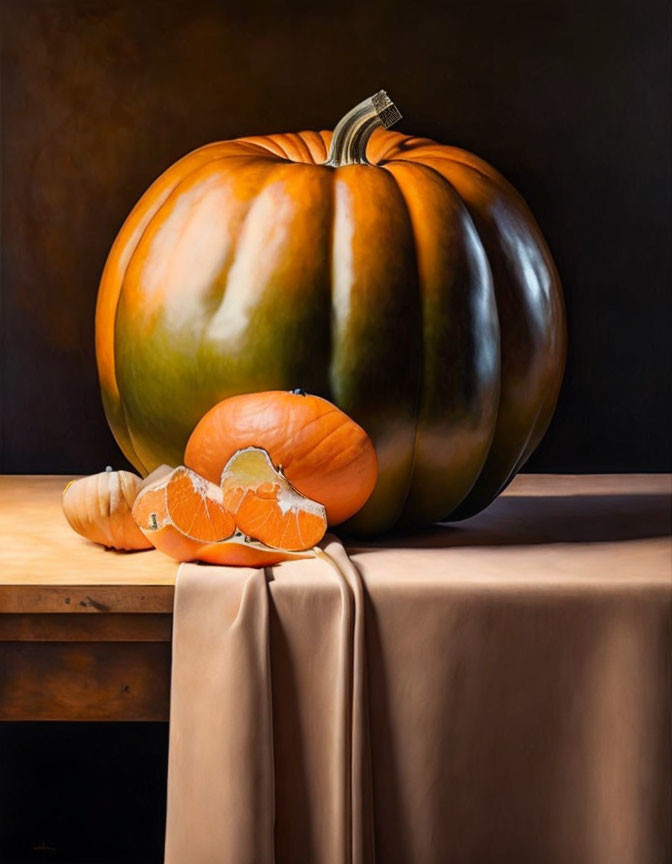 Glossy pumpkin and tangerines on table with dark background