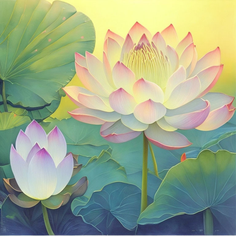 Vibrant lotus flower painting with green and yellow background