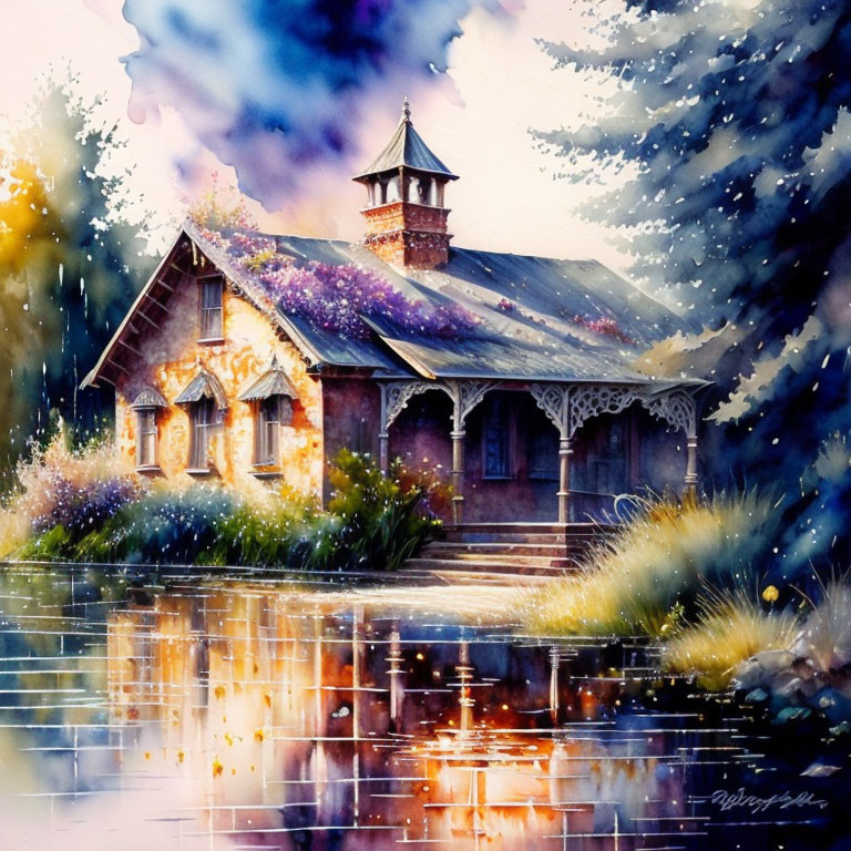 Detailed Watercolor Painting of Quaint House in Rainy Sunlight