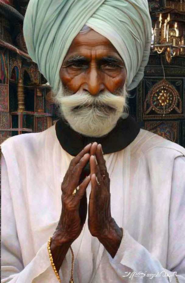 Elderly man in turban and white kurta with folded hands