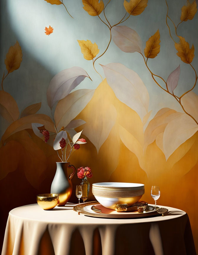 Artistic Autumn Leaf Backdrop Enhances Elegant Dinner Setup