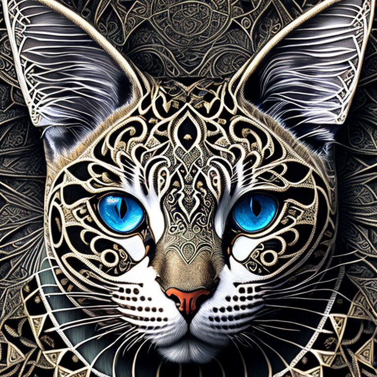 Detailed tribal patterns on cat's face with blue eyes.