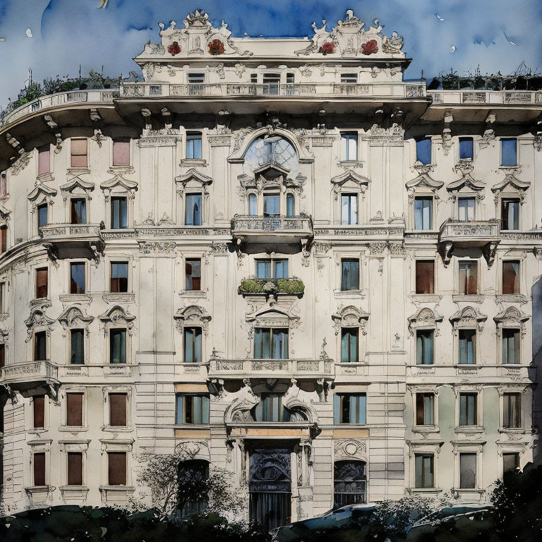 Historical building with ornate beige facades and rooftop garden