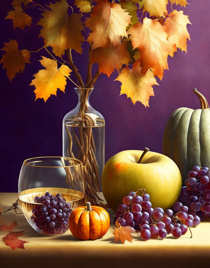 Autumn-themed still-life with maple leaves, wine, grapes, apple, pumpkin, and squash on