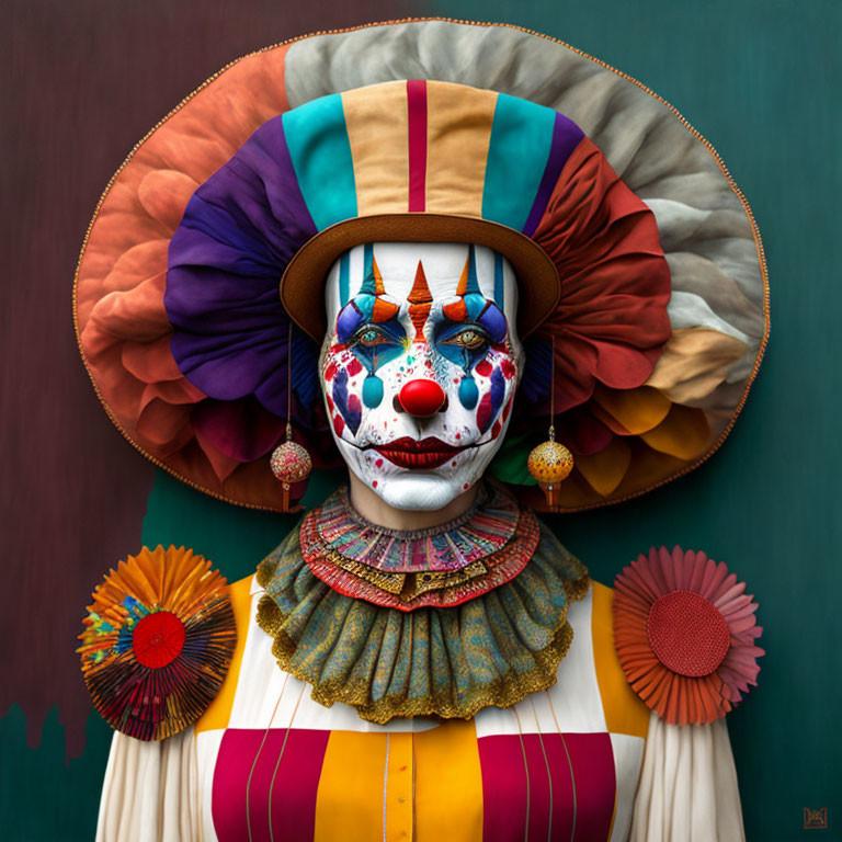 Colorful Clown with Patterned Costume and Ruffled Collar on Teal Background