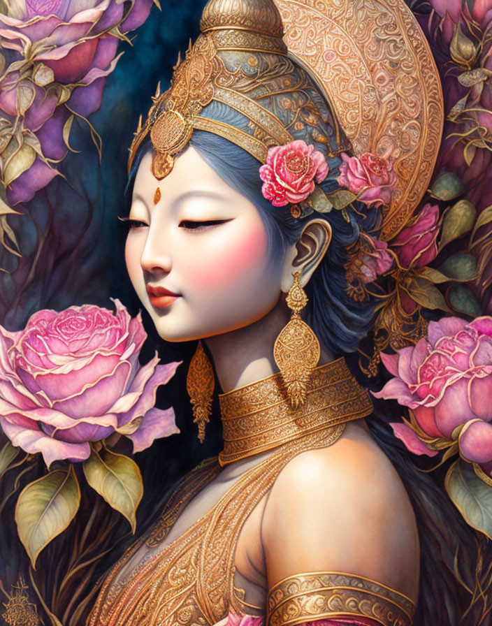 Illustration of woman with blue skin, gold headdress, jewelry, and pink roses.