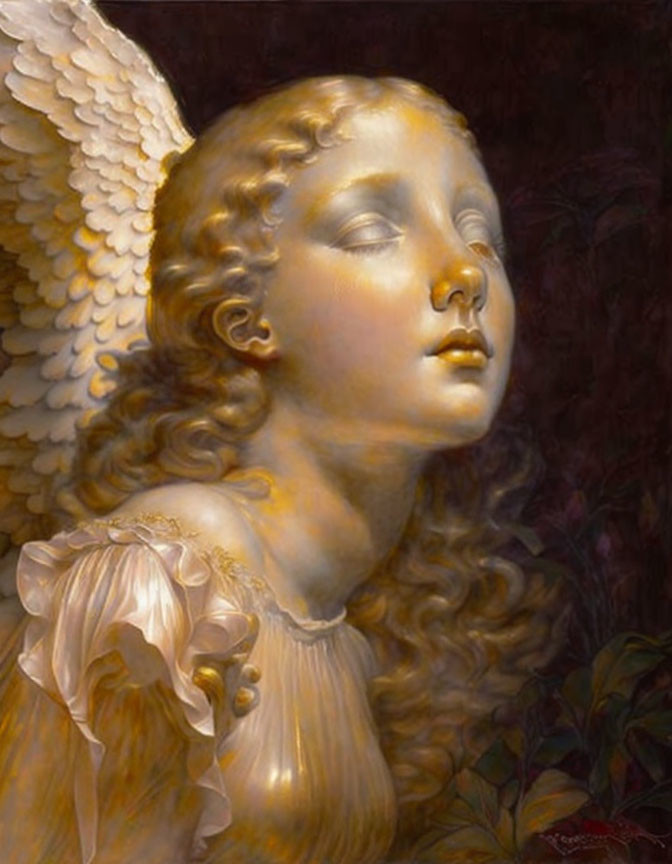 Curly-Haired Angel with White Wings in Cream Garment Against Dark Background