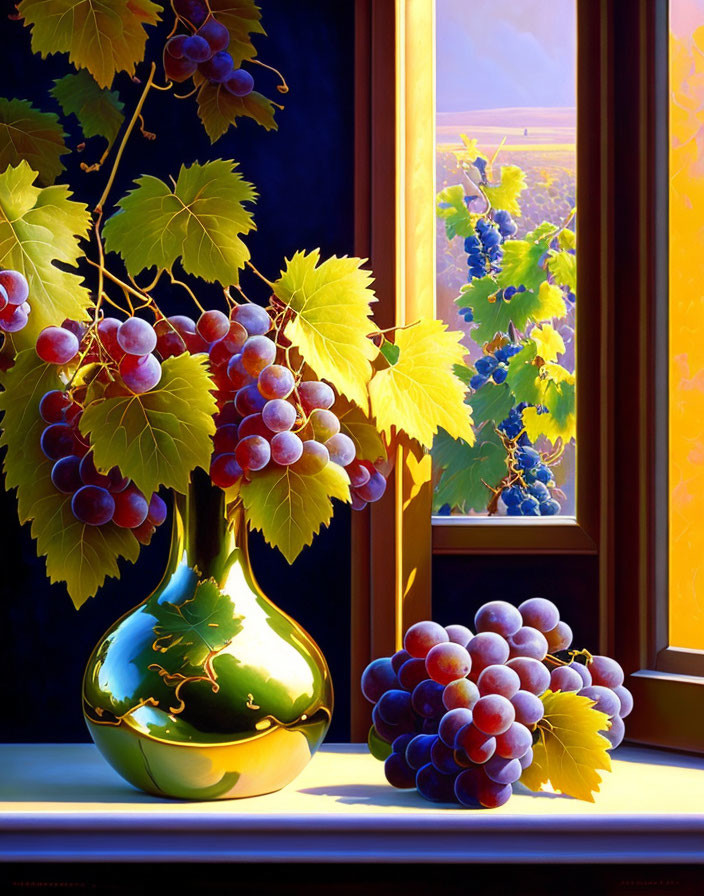 Golden Vase with Grapevines in Still Life Image